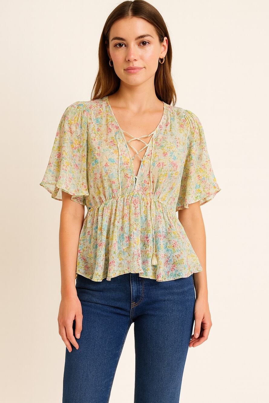 Zara Women’s Floral Lace Up Short Sleeve Blouse Smocked Back Multicolor Size S